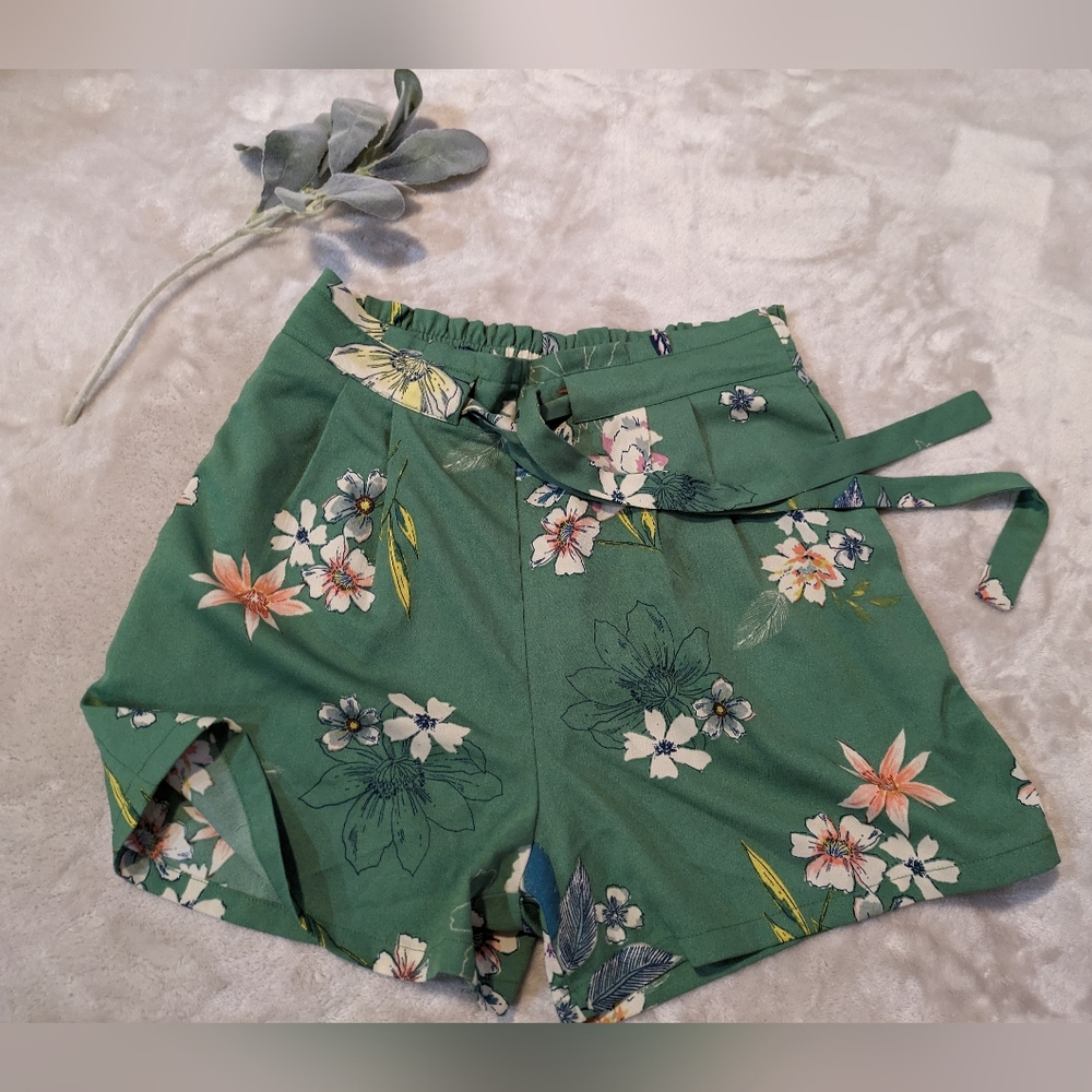Green floral shorts